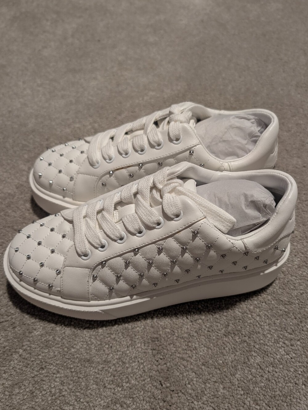 JLO Jennifer Lopez Alyona Sneakers in White Quilted & Studded With Silver Gems